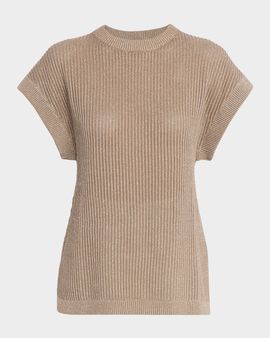 Brunello Cucinelli Metallic English Rib Cap-Sleeve Sweater