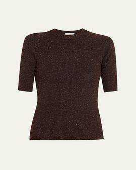 Brunello Cucinelli Metallic Rib Short-Sleeve Crewneck Sweater
