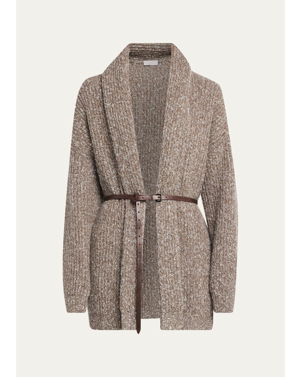 Brunello Cucinelli Micro Paillette Wool Knit Shawl-Collar Cardigan