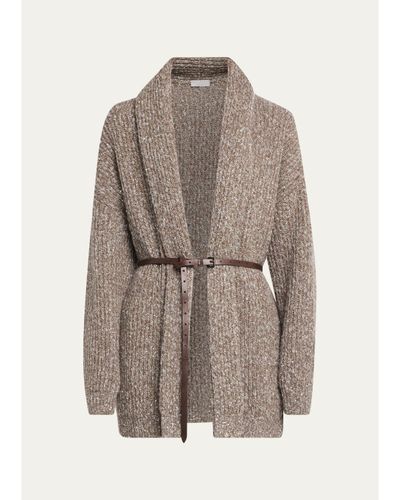 Brunello Cucinelli Micro Paillette Wool Knit Shawl-Collar Cardigan