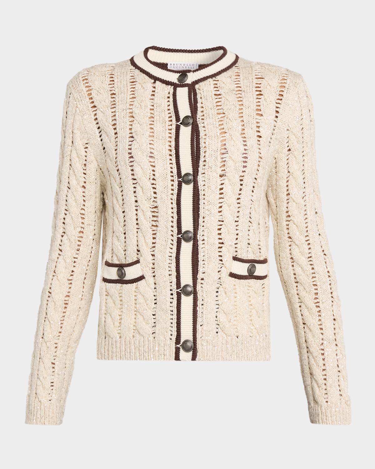 Brunello Cucinelli Micro Sequin Openwork Cable Knit Cardigan