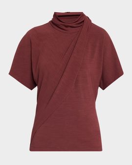 Brunello Cucinelli Mock-Neck Draped Jersey Short-Sleeve T-Shirt