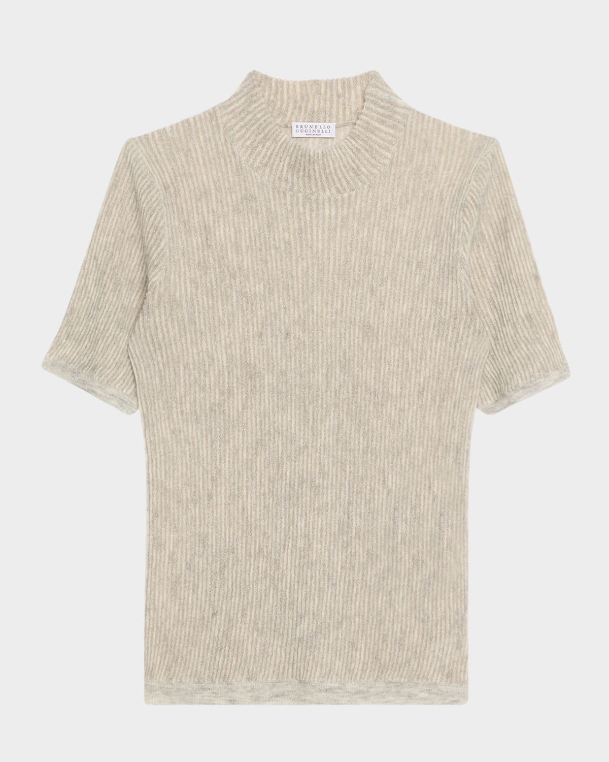 Brunello Cucinelli Mock-Neck Metallic Silk-Wool Short-Sleeve Sweater