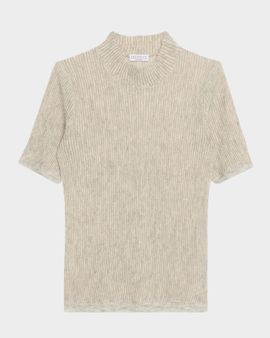 Brunello Cucinelli Mock-Neck Metallic Silk-Wool Short-Sleeve Sweater