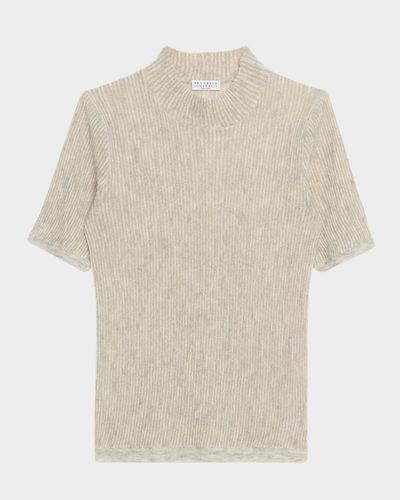 Brunello Cucinelli Mock-Neck Metallic Silk-Wool Short-Sleeve Sweater
