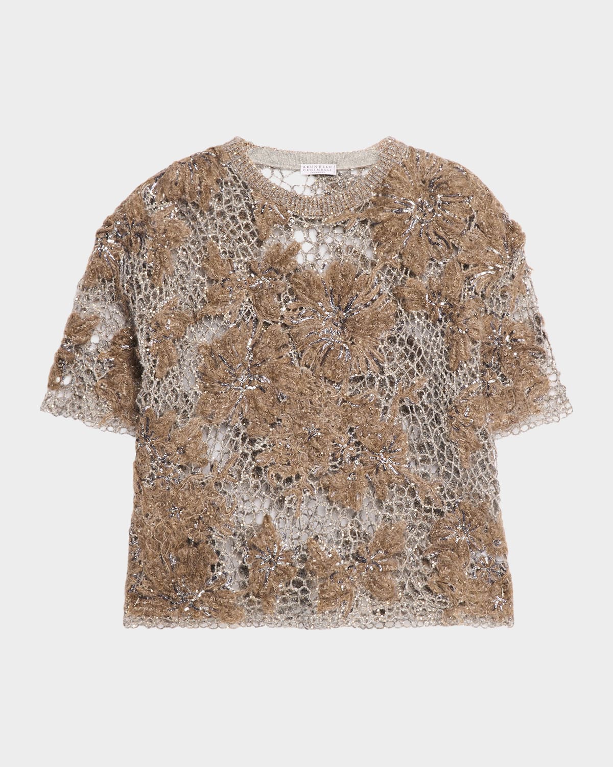 Brunello Cucinelli Mohair Diamante Floral Embroidered Mesh Sweater