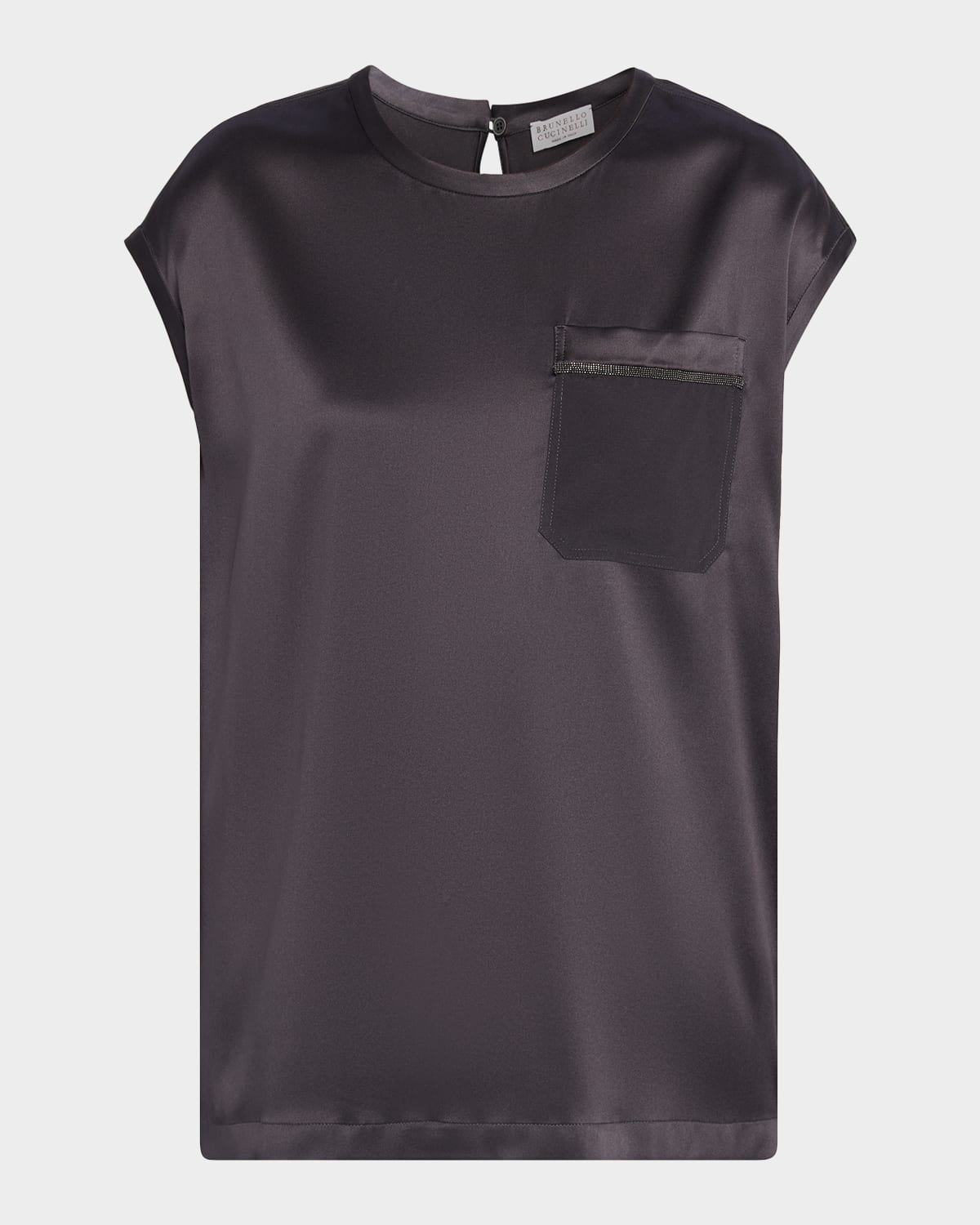 Brunello Cucinelli Monili Trim Stretch Satin Cap-Sleeve Shirt