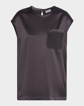 Brunello Cucinelli Monili Trim Stretch Satin Cap-Sleeve Shirt