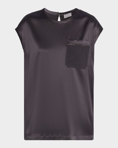 Brunello Cucinelli Monili Trim Stretch Satin Cap-Sleeve Shirt