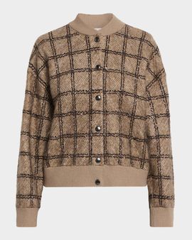 Brunello Cucinelli Paillette Check Mohair Knit Bomber Cardigan