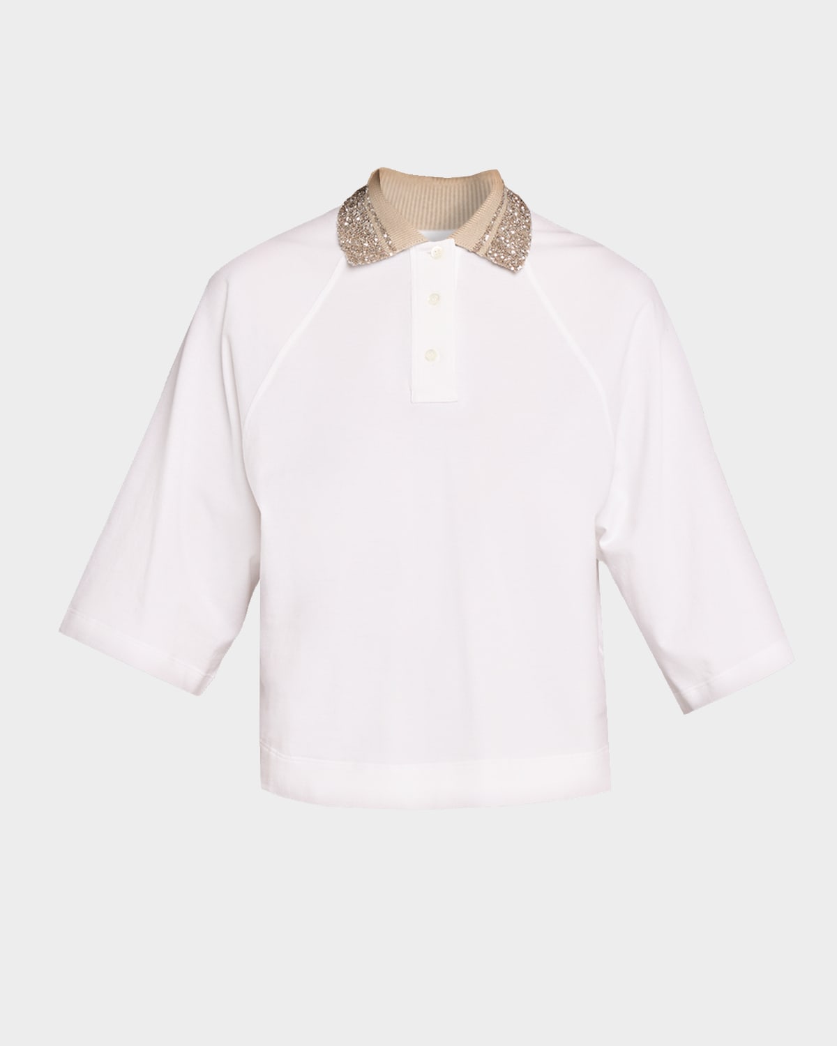 Brunello Cucinelli Paillette Collar 3/4-Sleeve Polo T-Shirt