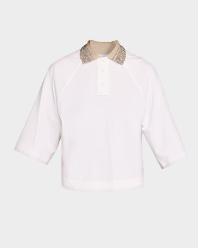Brunello Cucinelli Paillette Collar 3/4-Sleeve Polo T-Shirt