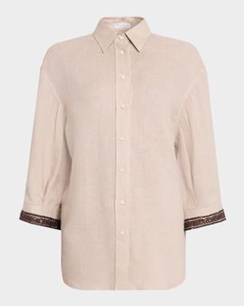 Brunello Cucinelli Paillette Cuffs Linen Button-Down Shirt