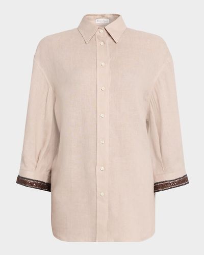 Brunello Cucinelli Paillette Cuffs Linen Button-Down Shirt