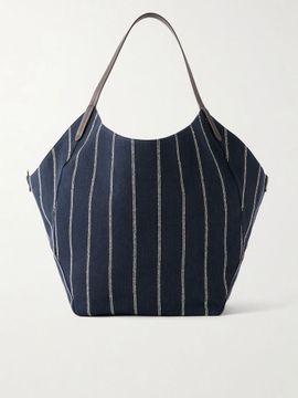 BRUNELLO CUCINELLI Reversible Monili-embellished pinstriped leather-trimmed denim and suede tote
