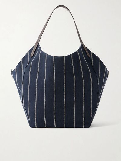 BRUNELLO CUCINELLI Reversible Monili-embellished pinstriped leather-trimmed denim and suede tote