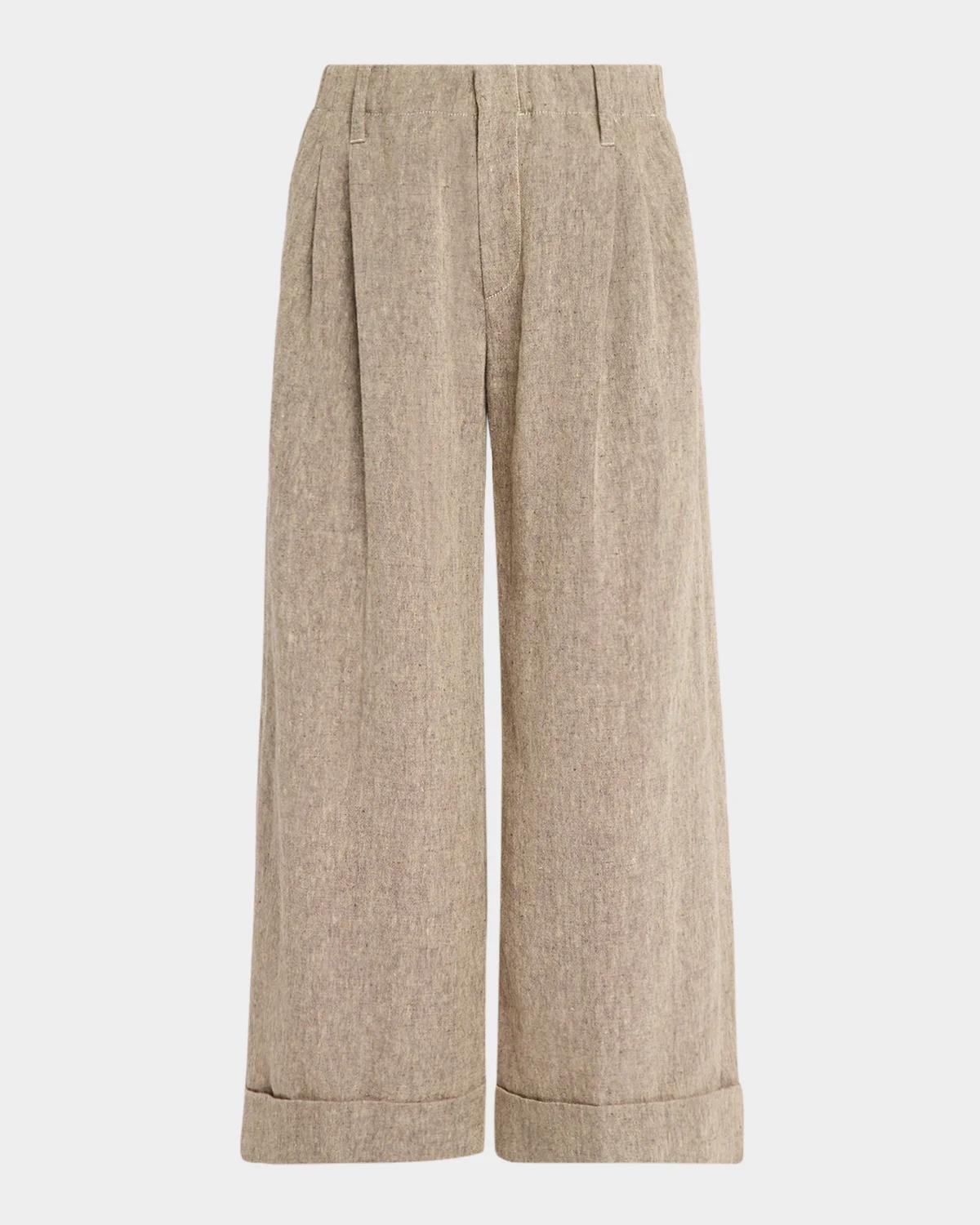 Brunello Cucinelli Rustic Linen Pleated Boxy Wide-Leg Ankle Trousers With Monili