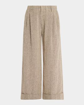 Brunello Cucinelli Rustic Linen Pleated Boxy Wide-Leg Ankle Trousers With Monili