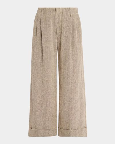 Brunello Cucinelli Rustic Linen Pleated Boxy Wide-Leg Ankle Trousers With Monili