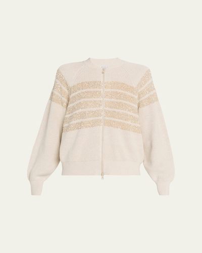 Brunello Cucinelli Sequin Striped Cotton Knit Zip-Up Cardigan