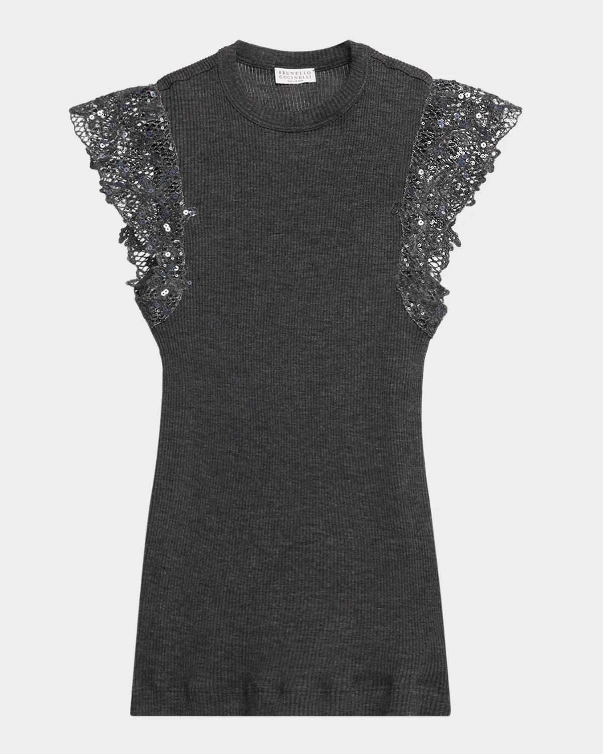 Brunello Cucinelli Shimmer Net Knit Cap-Sleeve Wool Jersey Rib Top