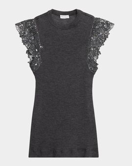 Brunello Cucinelli Shimmer Net Knit Cap-Sleeve Wool Jersey Rib Top
