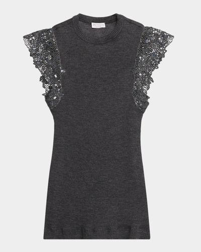 Brunello Cucinelli Shimmer Net Knit Cap-Sleeve Wool Jersey Rib Top