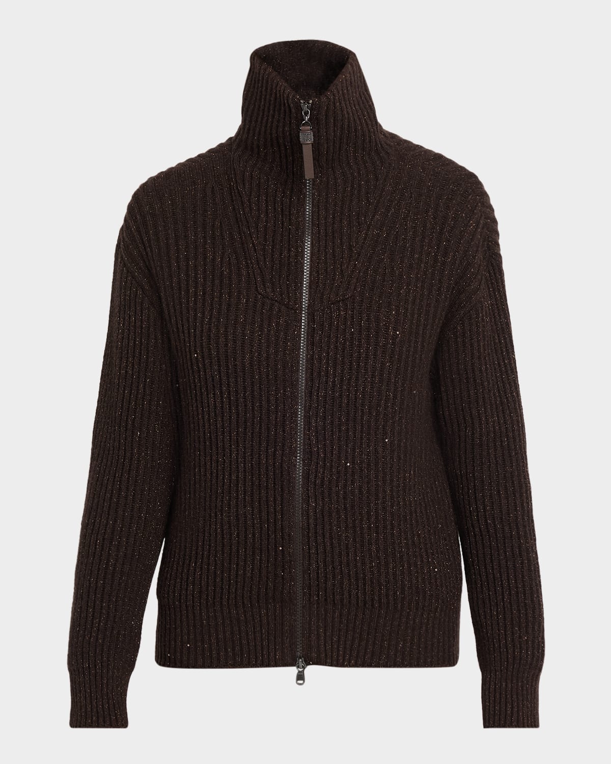 Brunello Cucinelli Shimmering Cashmere-Wool Rib Zip Cardigan