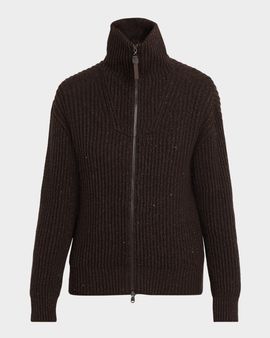 Brunello Cucinelli Shimmering Cashmere-Wool Rib Zip Cardigan