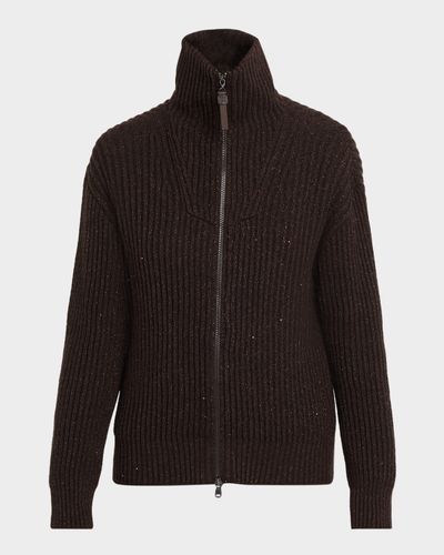 Brunello Cucinelli Shimmering Cashmere-Wool Rib Zip Cardigan