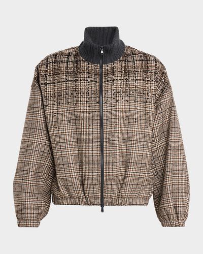Brunello Cucinelli Shimmering Check Cashmere Bomber Jacket