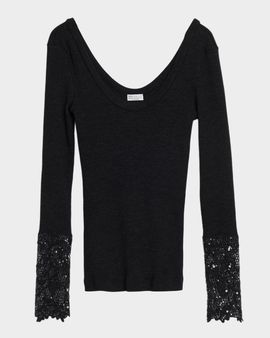 Brunello Cucinelli Shimmering Cuff Wool Jersey Long-Sleeve Top