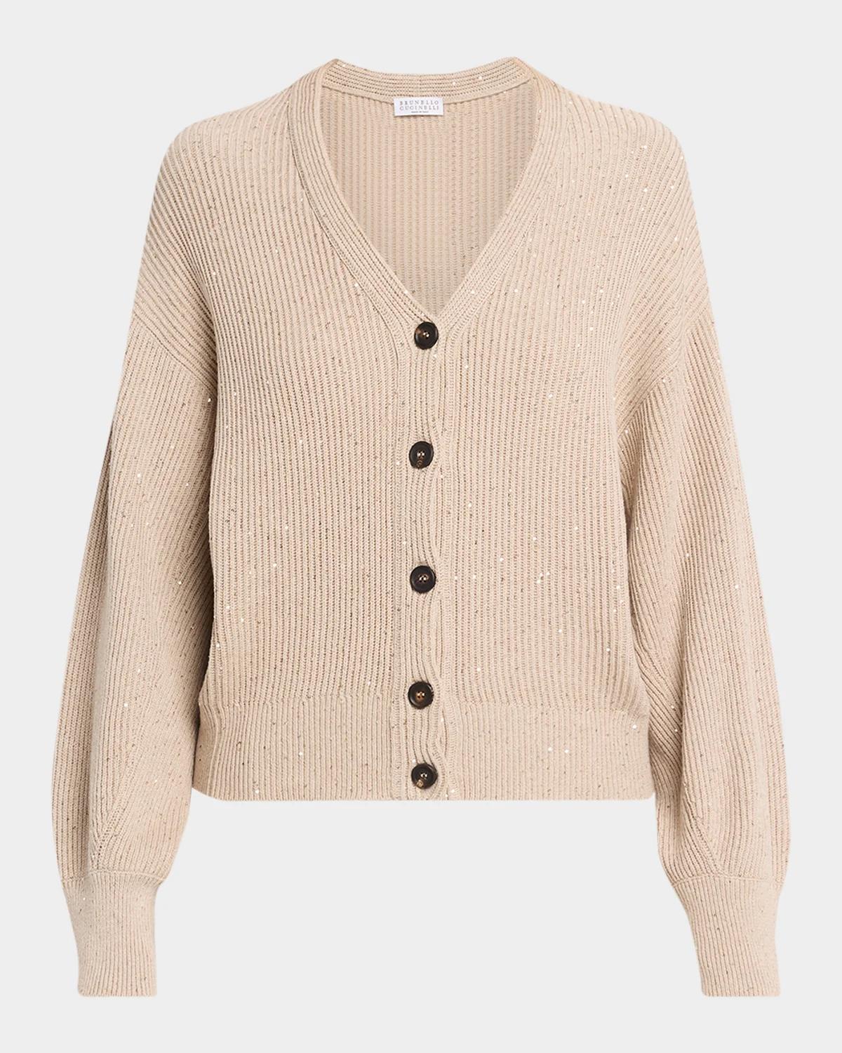 Brunello Cucinelli Shimmering Linen-Cotton Knit V-Neck Cardigan