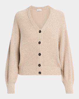 Brunello Cucinelli Shimmering Linen-Cotton Knit V-Neck Cardigan