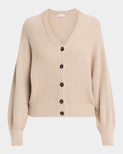 Brunello Cucinelli Shimmering Linen-Cotton Knit V-Neck Cardigan