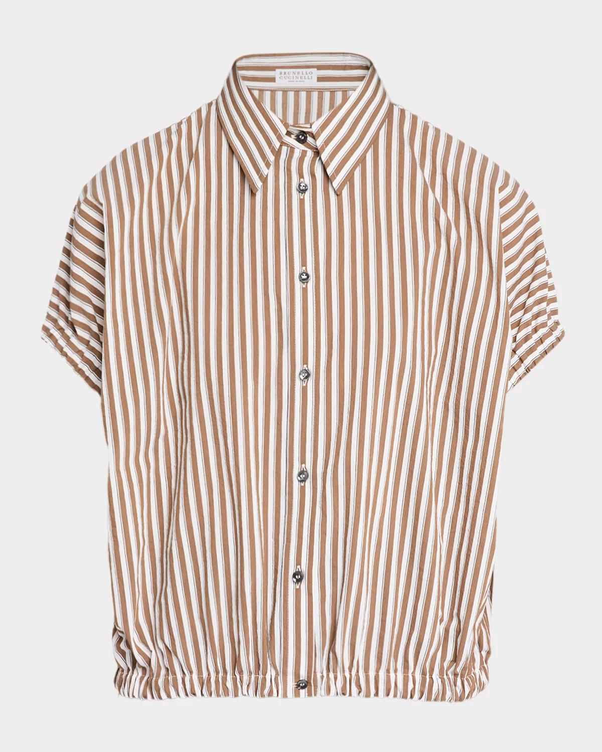 Brunello Cucinelli Short-Sleeve Striped Cotton Poplin Button-Down Shirt