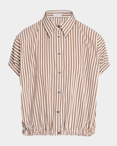 Brunello Cucinelli Short-Sleeve Striped Cotton Poplin Button-Down Shirt