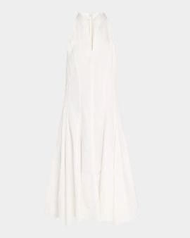 Brunello Cucinelli Sleeveless Heavy Cotton Poplin Pleated Midi Shirtdress