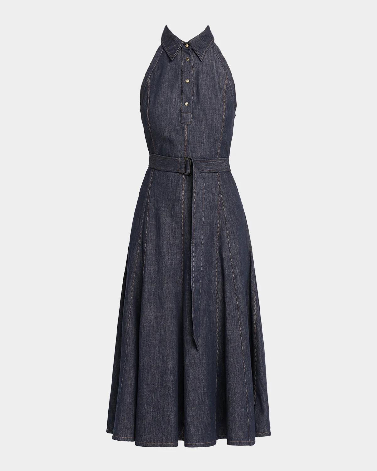 Brunello Cucinelli Sleeveless Linen Denim Belted Midi Shirtdress
