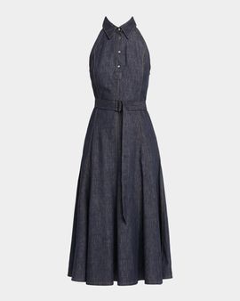 Brunello Cucinelli Sleeveless Linen Denim Belted Midi Shirtdress