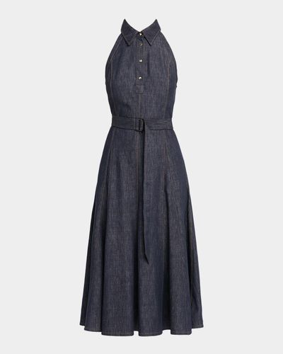 Brunello Cucinelli Sleeveless Linen Denim Belted Midi Shirtdress