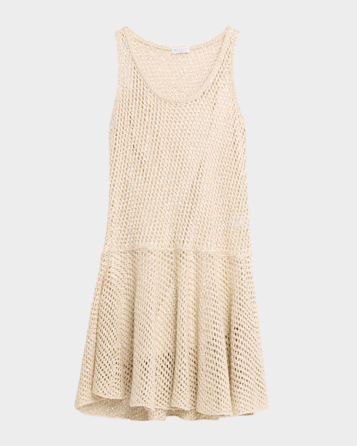 Brunello Cucinelli Sleeveless Shimmering Net Knit Mini Flounce Dress