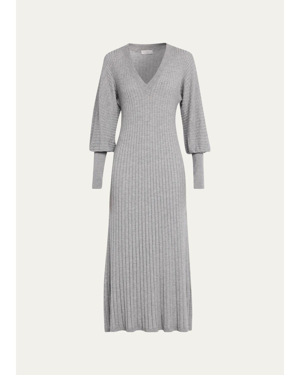 Brunello Cucinelli Sparkle Cashmere Rib Long-Sleeve Midi Dress