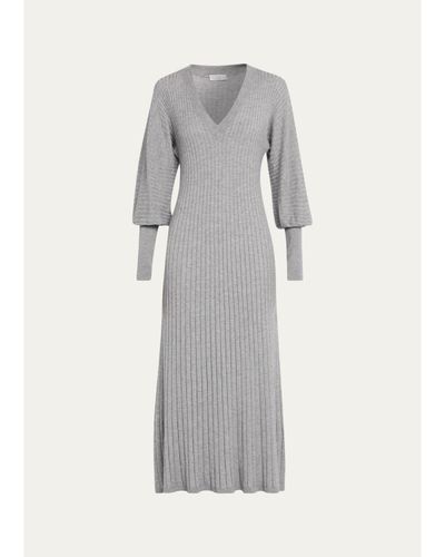 Brunello Cucinelli Sparkle Cashmere Rib Long-Sleeve Midi Dress