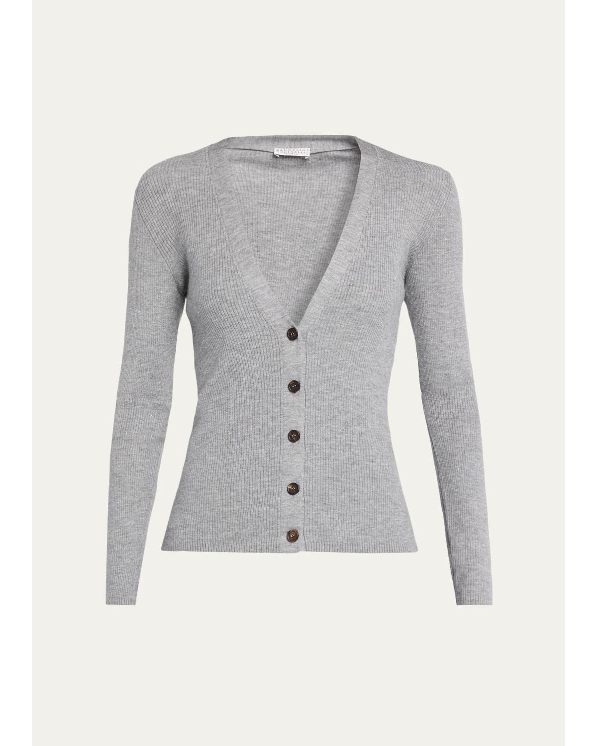 Brunello Cucinelli Sparkle Cashmere Rib V-Neck Cardigan