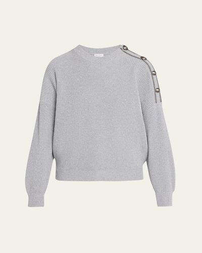 Brunello Cucinelli Sporty Button-Shoulder Cotton Diamante Crewneck Sweater
