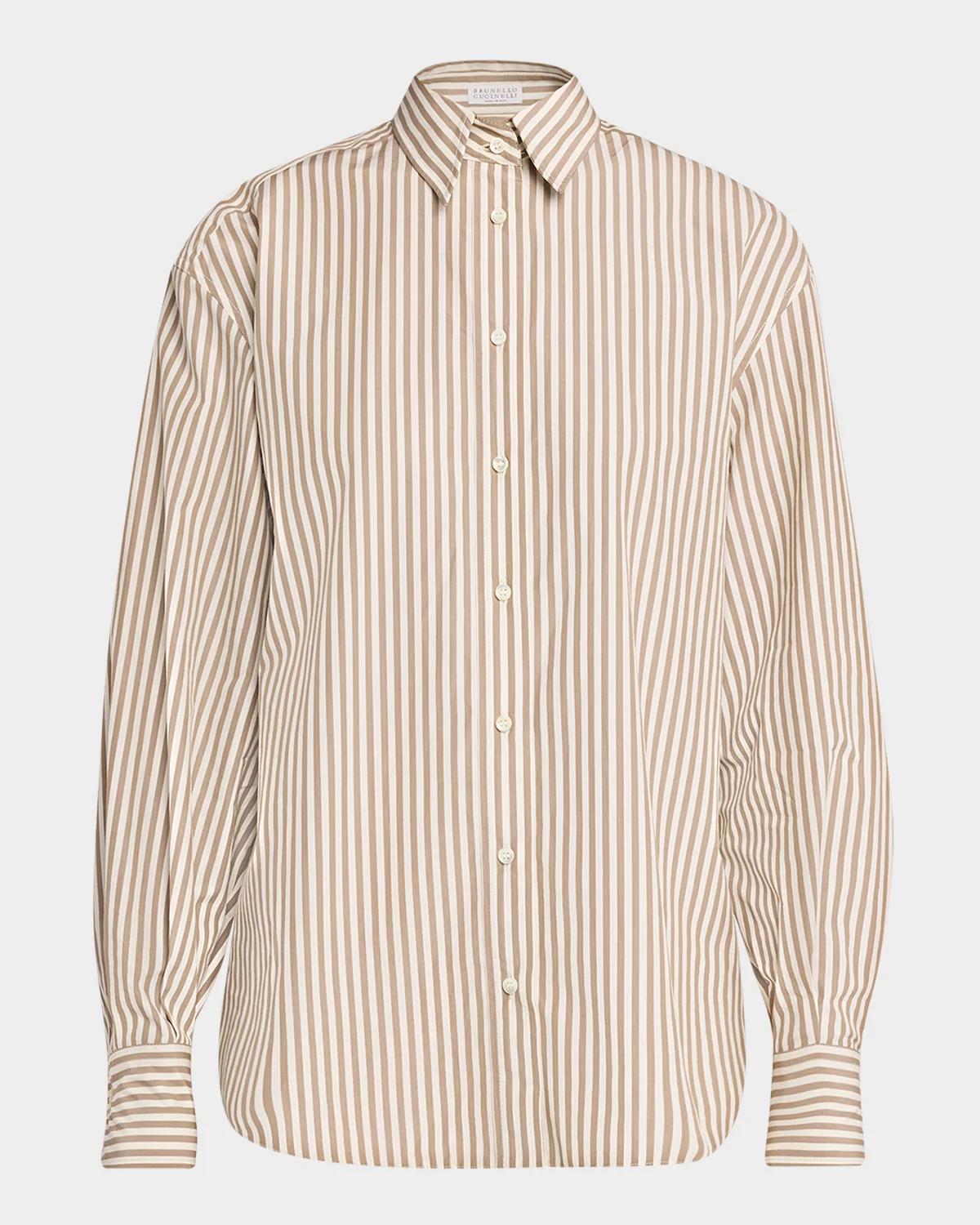 Brunello Cucinelli Striped Cotton Button-Down Shirt With Monili Trim