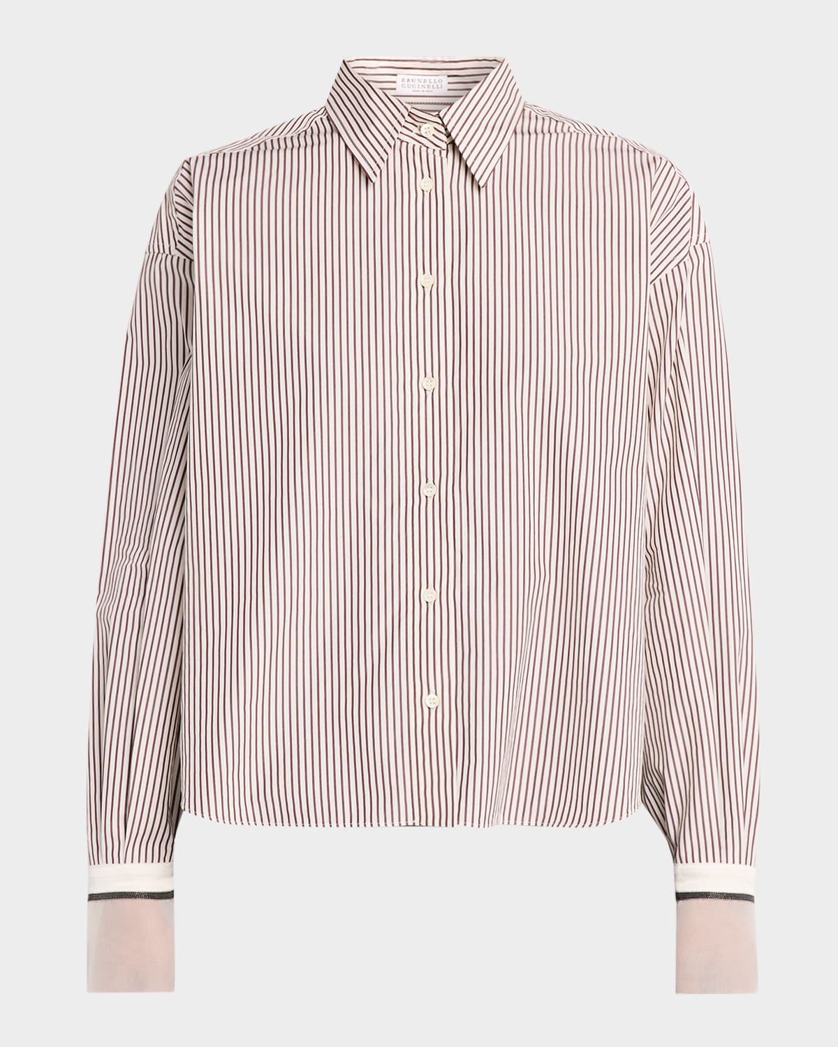 Brunello Cucinelli Striped Cotton Poplin Boxy Button-Down Shirt With Monili Trim