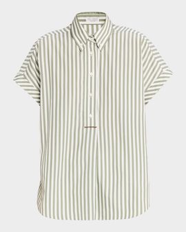 Brunello Cucinelli Striped Linen Short-Sleeve Collared Shirt