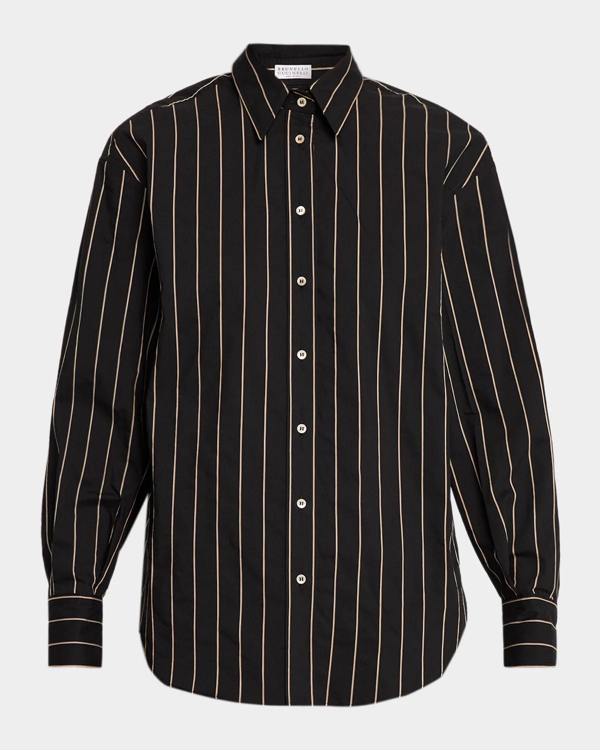 Brunello Cucinelli Triple Stripe Techno Cotton Long-Sleeve Button-Up Blouse